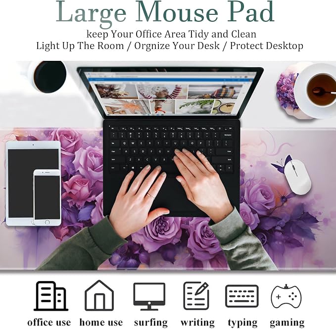 Extended Gaming Mouse Pad 31.5" x 11.8", with Edge Stitching, Non-Slip Rubber Base Keyboard Pad, Suitable for Work, Game, Office, Home and Coasters, Butterflies and Purple Roses