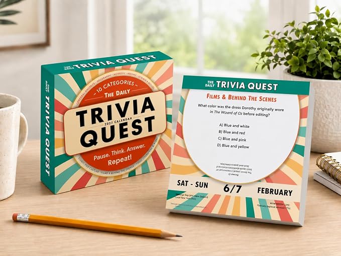 The Daily Trivia Quest 2027 Daily Desk Calendar: Boxed Page-a-Day Calendar for Home and Office Organization with Full-Color Tear-Off Pages & Cardboard Easel