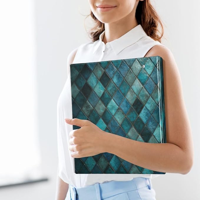 Vintage Teal and Turquoise Tiles Binder 3 Ring 1.5 Inch Binder with Clipboard&Pockets, Hardcover Binders Heavy Duty Large File Folder for Office School Supplies - Holds 200 Sheets, 2 PC