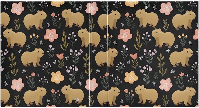 Capybara with Flowers Round Ring Binder for Recipe Budge Storage Organizer, Printed D Ring 1.5 Inch Binders for Office Work School Aesthetic Binder with Clear Pocket Non-Slip Clip