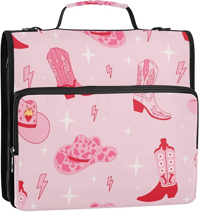 Fisyme Pinks Western Cowgirl Boots Zipper Binder 3 Ring with Zipper and Shoulder Strap Large Capacity Multi-Pocket Zipper Binder Organizer