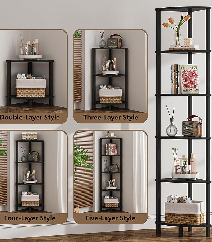 VIMBER Corner Shelf, 6-Tier Corner Bookshelf, Industrial Corner Ladder Shelf, DIY Storage Shelves, Modern Display Shelf for Living Room, Bedroom, Kitchen, Home Office, Black UJSJ004B