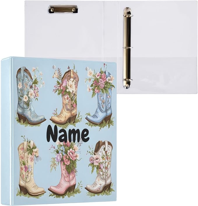 Custom 3 Ring Binder Cowboy Boots Flowers 1.5" Round Ring Binders Personalized Name View Binder with 200 Sheet for Kids School Supplies Women Men Office, 1 Pack