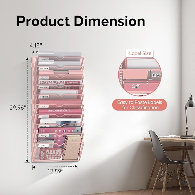 10-Tier Wall File Organizer and Hanging File Organizer, Pink | Wall Organizer and Wall Mounted File Holder with 10 Pockets and Label Panels for Files, Mail, Folders, Magazines and Paper