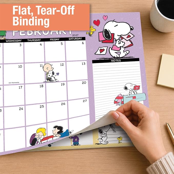Current 2027-2028 Desk Calendar Pad | Peanuts, 11” x 16.25”, Large, 2024-Month, 12 page Designs, Self-Stick Magnet Strips