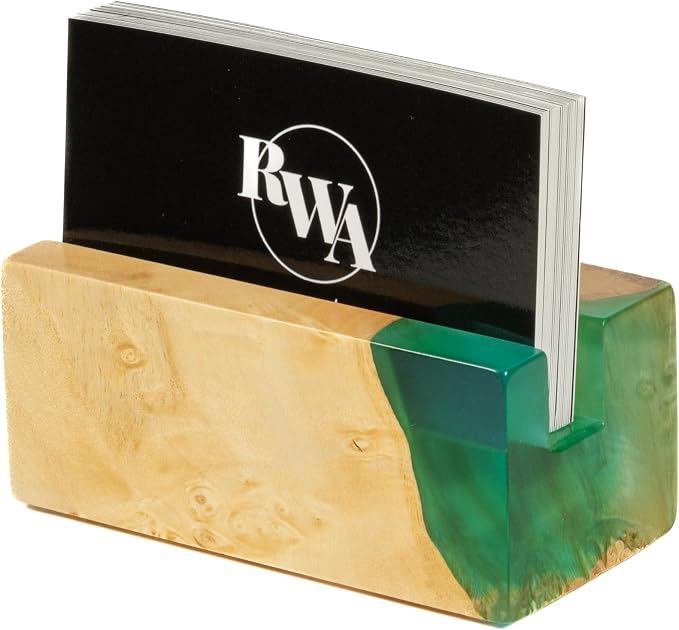RWA Business Card Holder for Men & Women - Handcrafted Epoxy & Wood, Stylish & Durable Business Card Organizer, Premium Business Card Holders Desk Accessory for Professionals - ELEMENT aqua/maple