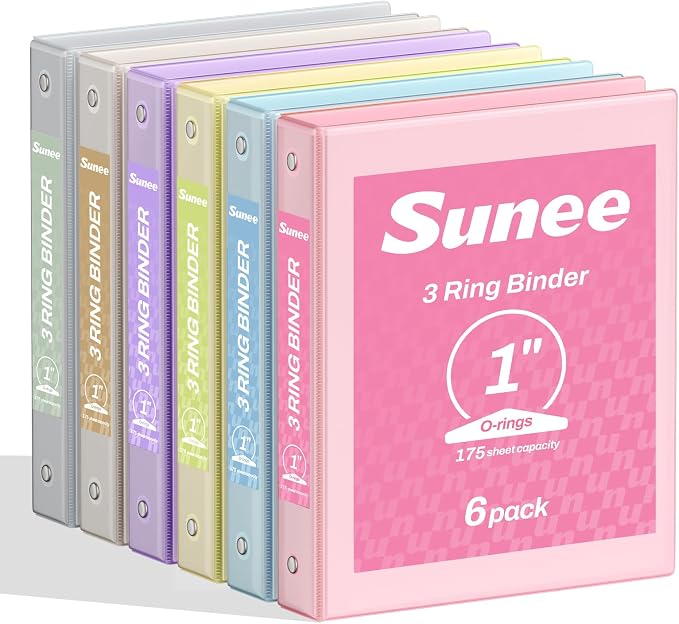 SUNEE 1 Inch Binders 3 Ring 6 Pack, Clear View Three Ring Binders PVC-Free (Fit 8.5x11 Inches) for School or Office Supplies, Pastel Binder