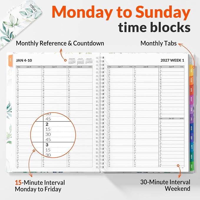 SUNEE 2027 Appointment Book, Quarter-Hourly, Weekly Monthly Planner, 8.5"x11",Eucalyptus