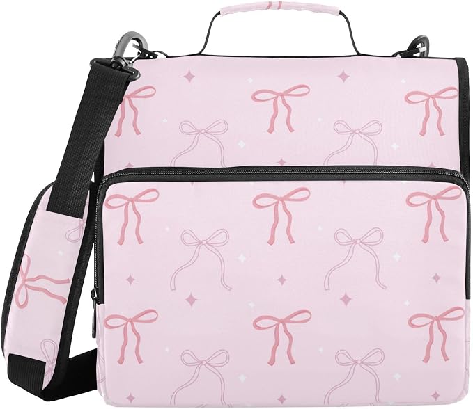 Pink Bows Star Pink Zipper Binder with Shoulder Strap Bag 3 Ring Binder Organizer Large Capacity Multiple Compartments for School Office