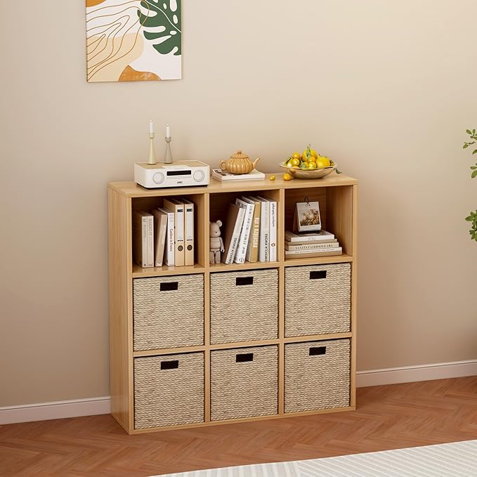 9-Cube Storage Shelf Bookcase, Oak | Wooden 3-Tier Open Bookshelf, Fits 11×11" Bins, Vertical or Horizontal Use, Full Back Panels, For Home Office