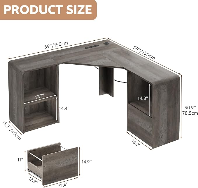 Computer Desk, Grey | Corner Desk w/ Fluted Storage, Sliding Doors, Drawers & 4AC+USB-C. Reversible Fits Any Room Layout For Home Office