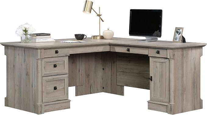 Sauder Palladia L Shaped Desk with Drawers, Office Desk with File Cabinet Storage, Cable Management, Keyboard Tray, in Split Oak finish