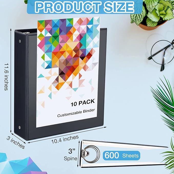 TaoBary 10 Pack 3 Inch 3 Ring Binders Bulk, Black Heavy Duty View Binders with Clear Pocket Round Ring, Presentation Folder Holds 600 Sheets for Home Office School Teacher Documents Supplies