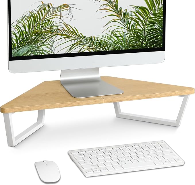 TEAMIX 26 inch Corner Monitor Stand Riser with Keyboard Storage, Maple | Triangle Monitor Stand, Wood & Metal Computer Stand, Laptop Riser, Desktop Organizer, for L Shaped Desk, Home Office & Gaming