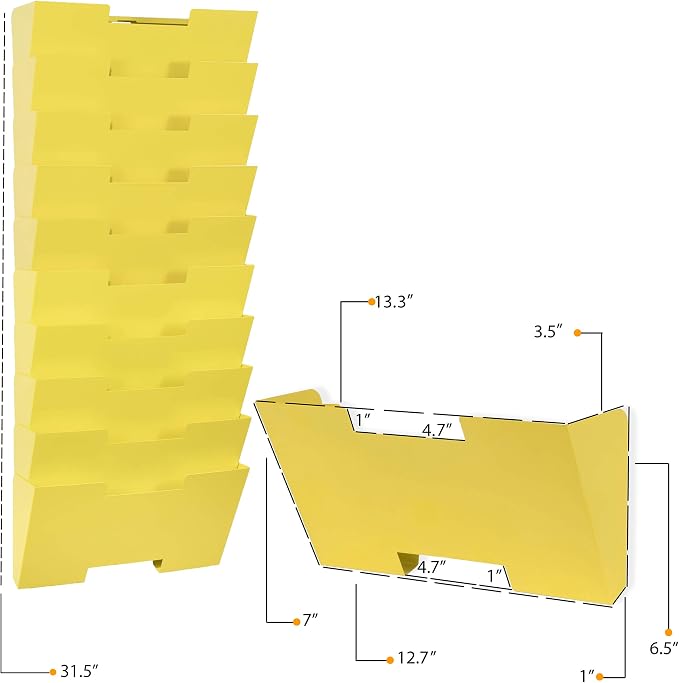 Wallniture Lisbon 10-Tier Metal Wall File Holder Organizer for Organization and Storage, Yellow Office Decor and Magazine Holder