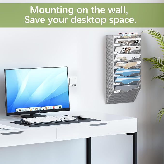 EasyPAG 8 Pocket Mesh Wall File Organizer, Hanging Paper Folder Holder with Classify Label, Vertical Wall Mount Mail Organizer for Office Home Classroom, Silver