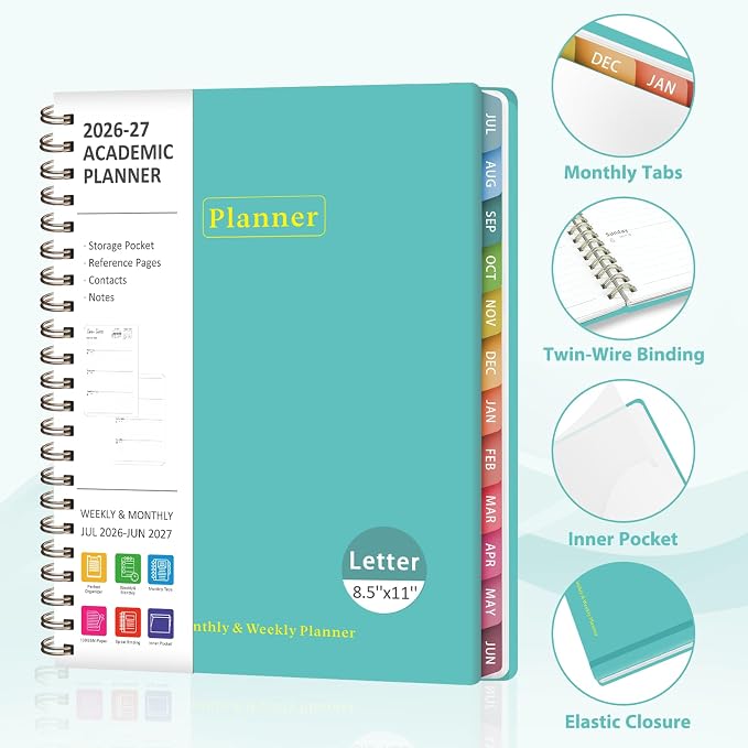 Planner 2026-2027, Academic Weekly and Monthly Calendar Planner, July 2026 - June 2027, Hardcover Spiral Agenda Book, School Supplies for Teacher Student - Letter Size(8.5" x 11")