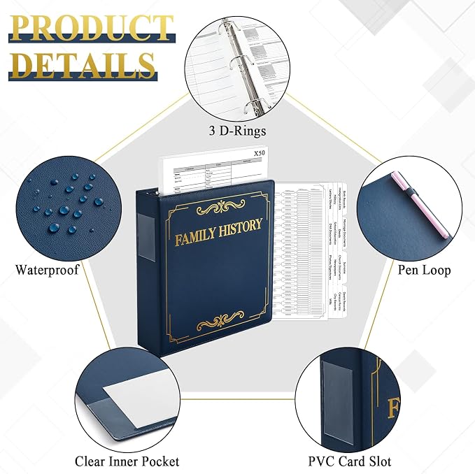 Family History Binder 3 Ring 50 Families Group Sheets 8th Generation Family Tree Chart 16 Genealogy Binder Dividers Navy Cover Genealogy Supplies with Pen Loop PVC Pocket for Families History