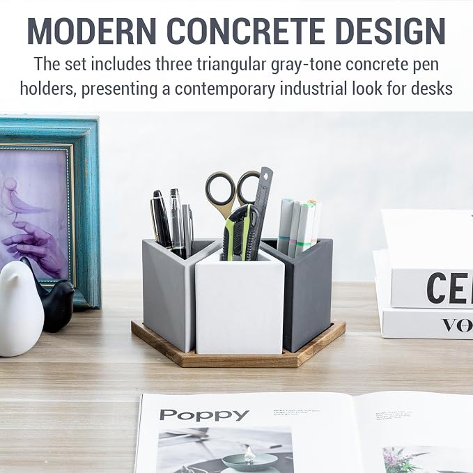 MyGift Modern Concrete Desk Organizer Set with 3 Triangular Gray-Tone Pen Holders and Acacia Wood Tray, 4-Piece Office Storage Solution for Pens, Pencils, and Supplies