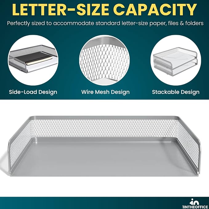 1InTheOffice Desk Tray, Letter Tray, Stackable, Side Load, Silver Mesh, 2 Pack