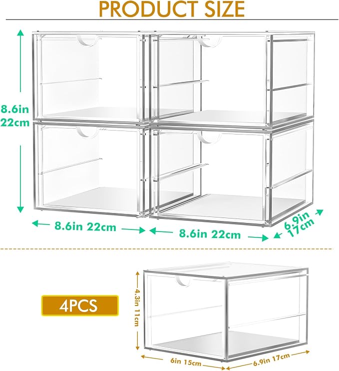 4-Pack 4-Drawer Acrylic Storage Organizer for Desk, Crafts,Vanity | Smooth-glide drawers, clear body, dustproof, wipe clean, for paintbrushes, beads, sequins, googly eyes, embroidery floss