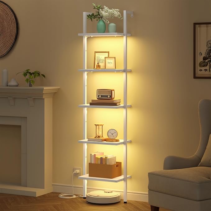 5 Tier Ladder Bookshelf with Light, Wall Mount Ladder Shelf White | Narrow Ladder Bookshelf with Storage, Thin Ladder Bookshelf with Metal Frame Ladder Shelf for Living Room, Bedroom, Office