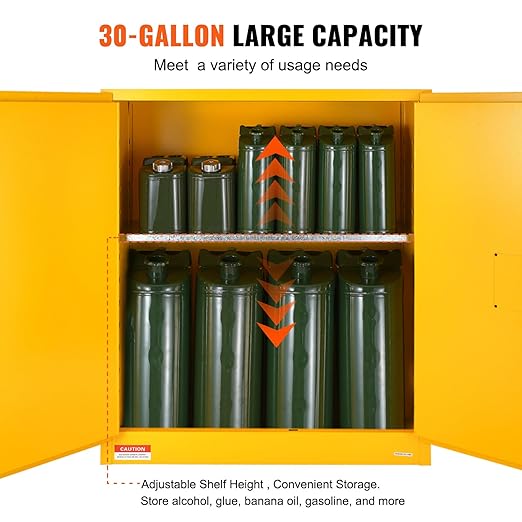 VEVOR Flammable Cabinet 18" x 43" x 50", Cold-Rolled Steel Flammable Liquid Storage Cabinet 34 Gal with 2 Adjustable Shelves/2 Manual Closing Doors for Industrial Use, Yellow | For Industrial Use, Cold-Rolled Steel, 34 Gal, with 2 Adjustable Shelves, 2...