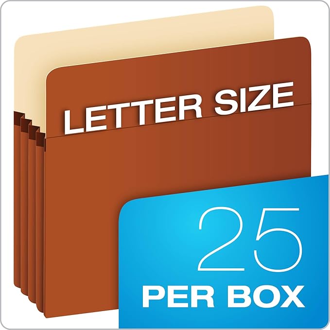Pendaflex Expanding File Pockets, File Organizers for School, Home or Office, Letter Size, Redrope, 3.5" Expansion, Reinforced with DuPont™ Tyvek® Material, Redrope, 25 per Box (1524E-OX)