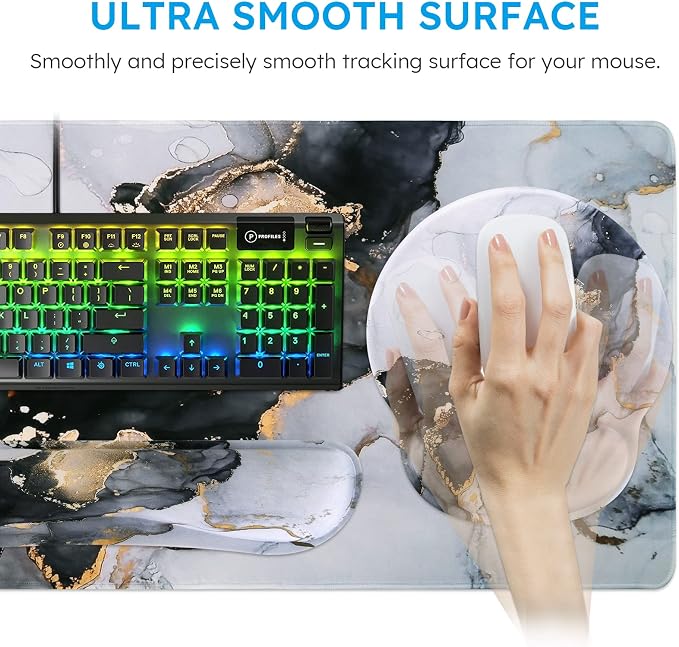 iCasso Grey Marble Mouse Mat 35.4"x15.7", Computer Pad for Teacher | Classroom Ergonomic Desk Pad Featuring Keyboard Wrist Rest, Vintage Mousepad Set for Table Home Computer Setup