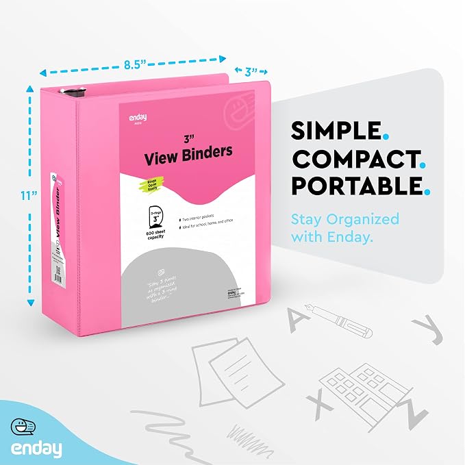 Enday 3 inch Binder (24 Pack - Pink) 3 Ring Binder 3 inch with Clear View Cover and 2 Inside Pocket - for Letter Size 8.5 x 11'' Paper, Ideal for School Supplies, Office, and Home