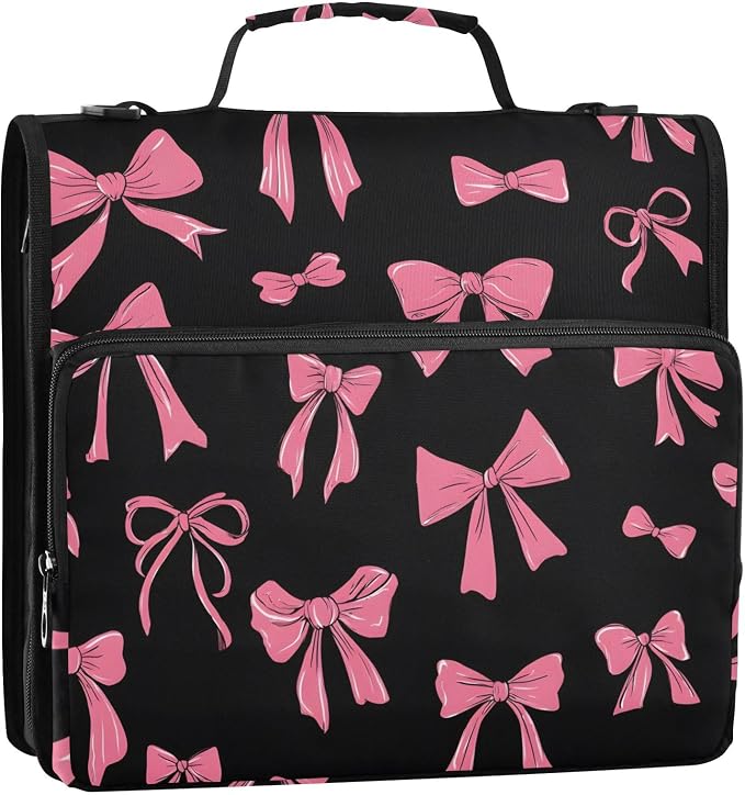 3 Ring Zipper Binder with Shoulder Strap Pink Bow Black I 2 Inch Zippered Binder Bag 500 Sheet Capacity Multi Pockets for School Supplies