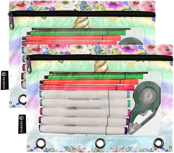 Unicorn Pink Pencil Pouch for 3 Ring Binder, 2 Pack Waterproof Pencil Bags Clear Window Zipper School Office Supplies