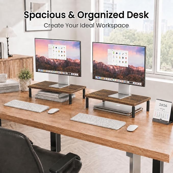 Adjustable Monitor Stand Riser for Desk, Wood Computer & Laptop Stand, Desk Organizers and Accessories, Office Desk Accessories & Workspace Organizer for Home Office Supplies, Brown 2-Pack