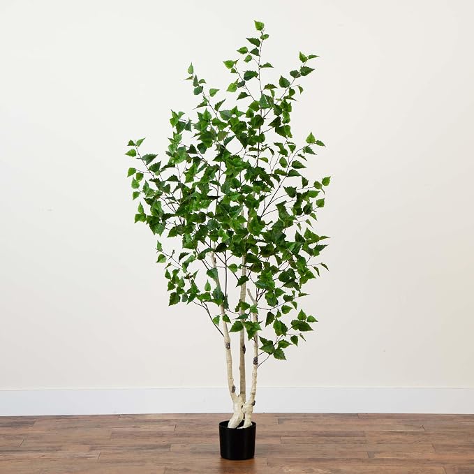 Nearly Natural 6 ft Artificial Birch Tree with Real Touch Leaves and Pot | Bendable Branches, Light-Hued Bark, Nursery Planter Included, Indoor Corner Decor, Maintenance-Free foliage