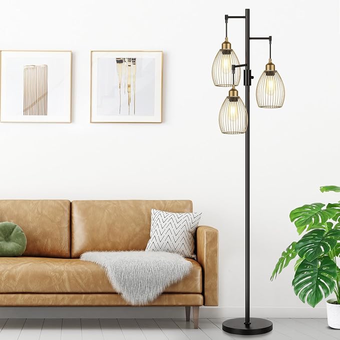 Dimmable Floor Lamp, Industrial Floor Lamps for Living Room, Gold and Black Tree Lamp Standing Lamp Tall Lamps with 3 Elegant Teardrop Cage Head & 800 Lumens LED Bulbs for Living room Bedroom Office
