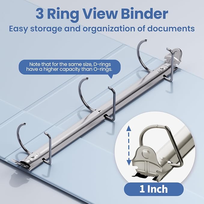 SUNEE 3 Ring Binder 1 Inch D Ring, Clear View Binder Three Ring PVC-Free (Fit 8.5x11 Inches) for School or Office Supplies, Haze Blue, 1 Pack