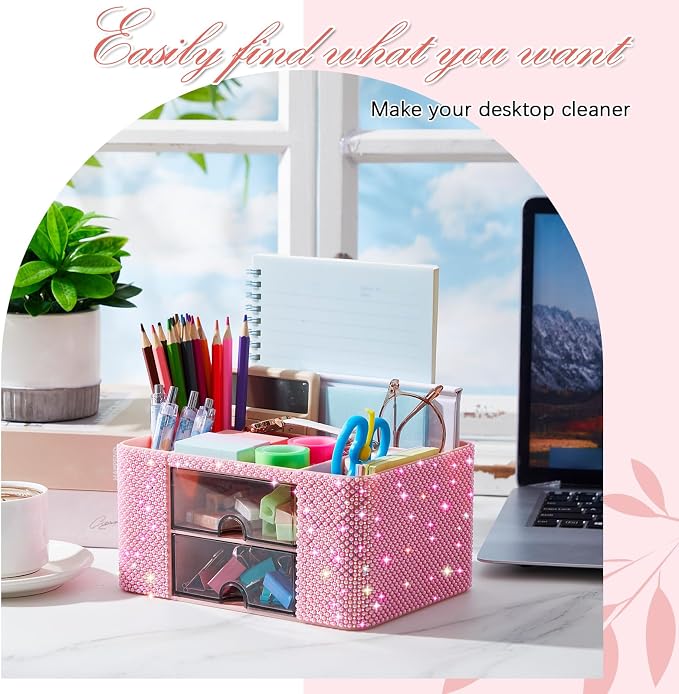 MotiMind Pink Bling Desk Organizer with 2 Drawer, Sparkly Makeup Organizer for Vanity, Girly Desk Accessories, Rhinestone Pen Holder, Elevate Your Workspace with Pink Serenity (Pearl)