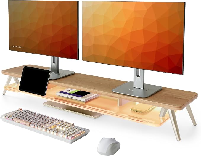 Fenge Dual Monitor Stand Riser with Phone & Tablet Slot, Dark Oak | Thickened Frosted Acrylic Shelf, Aluminum Legs, 2-Tier Storage, 42.5-Inch Desk Shelf for Gaming, Home Office & Streaming