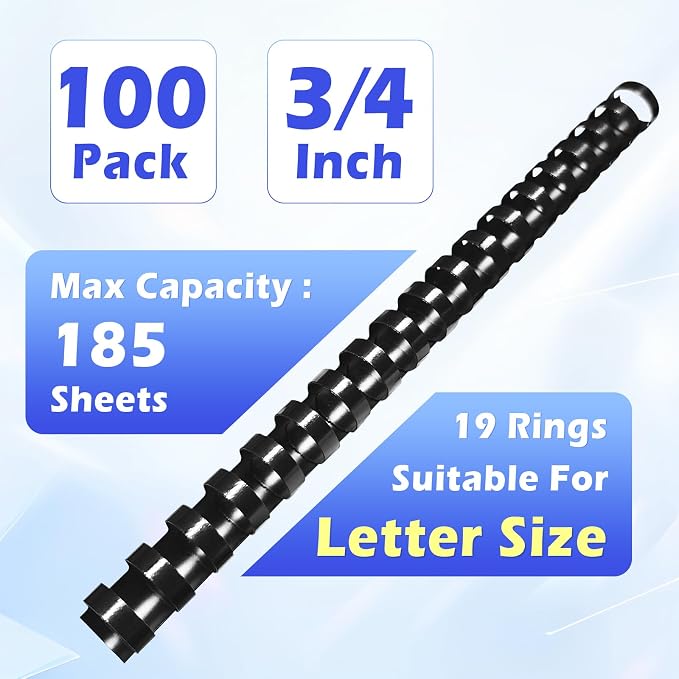 TOTiyea 100 Pack 3/4" 19 Ring Plastic Binding Combs,185-Sheet Letter Size | Binding combs,Black,8.5"x11",Bulk pack,For educators custom teaching References,classroom organization,work supplies