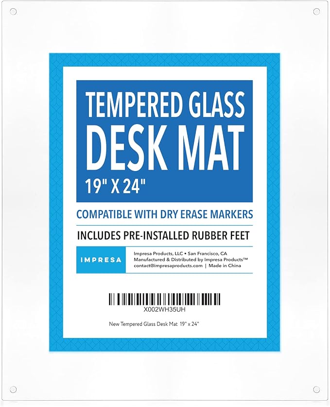 IMPRESA Clear Tempered Glass Desk Mat - 19 x 24 in, Clear - Table Protector & Desktop Mat for Office Accessories with Dry-Erase Surface & Preinstalled Rubber Feet