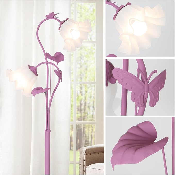 HMVPL Purple Floral Floor Lamp, Girls Flower Floor Lamp for Bedroom, Cute Lotus Standing Lamp with 2 LED 5W Blubs, Foot Switch, Unique Flower Tall Lamp for Living Room Kids Nursery Bedside Corner