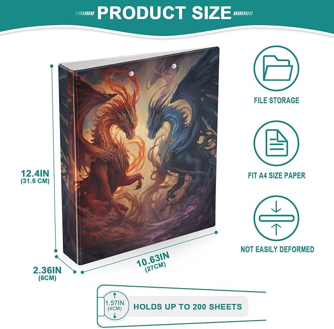 3 Ring Binder, Powerful Dragons File Folder Holds 200 Sheets File Storage for Women Men School Office Supplie