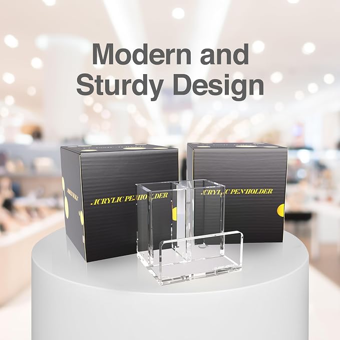 Pen Organizer for Desk-A Modern Desk Accessory w/a Removable Divider is Great as a Pen & Makeup Brush Holder-This Chic Acrylic Storage Stand Makes a Great Gift for Home/Work Space