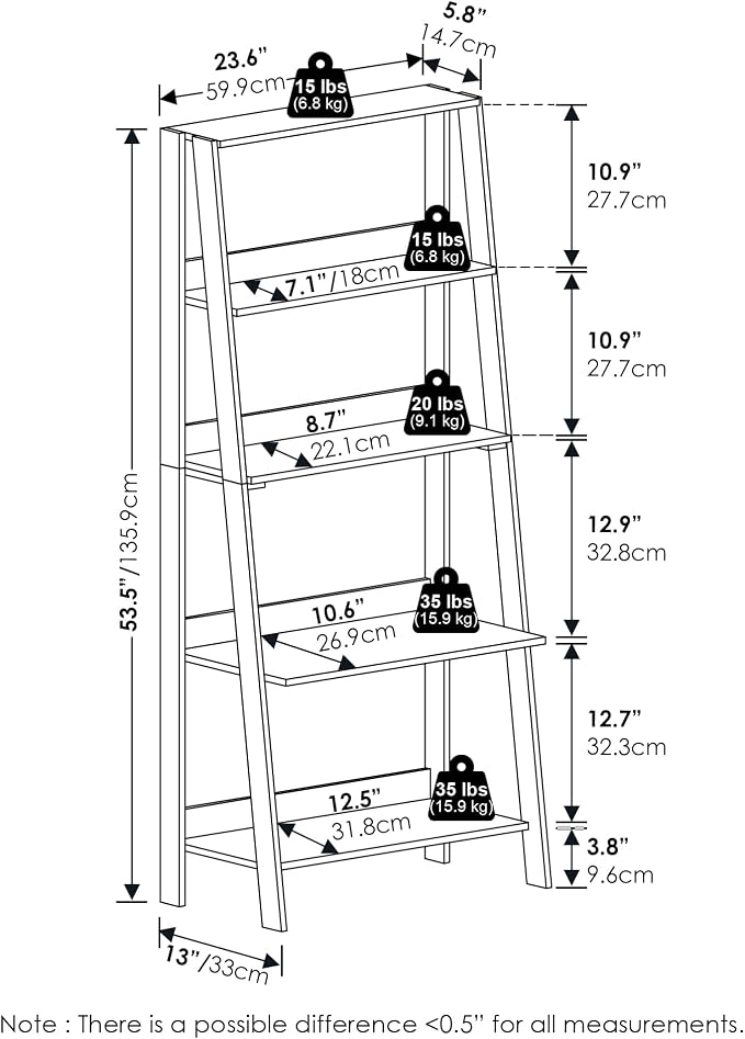 Furinno Ladder 5-Tier Book Shelf, Leaning Standing Shelf, White | 13 x 23.6 x 53.5, Open Frame Design Bookshelf, Display Storage Shelves, for Living Room, Home Office