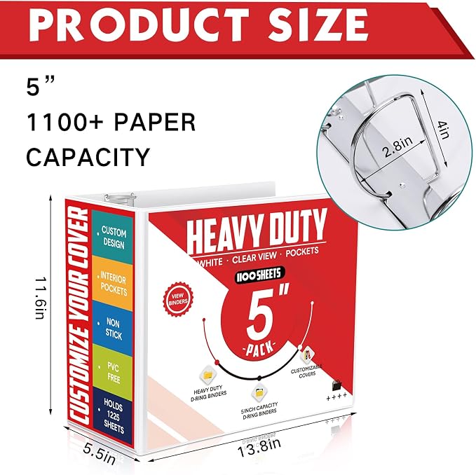 Sinload 6 Pcs 3 Ring Binder, Large Capacity D Ring Binders with Pockets, 8.5" x 11" Presentation Folder View Binder with Customizable Clear Cover for Documents Files Projects (White,5 Inch)