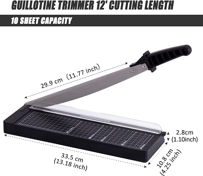 TIANSE Paper Cutter 12 Inch Paper Cutter Guillotine with 8 to 10 Sheet Capacity Safety Blade Lock Heavy Duty Paper Trimmer for Cardstock Cutting Board Paper Cutter Slicer for Home Office School Black