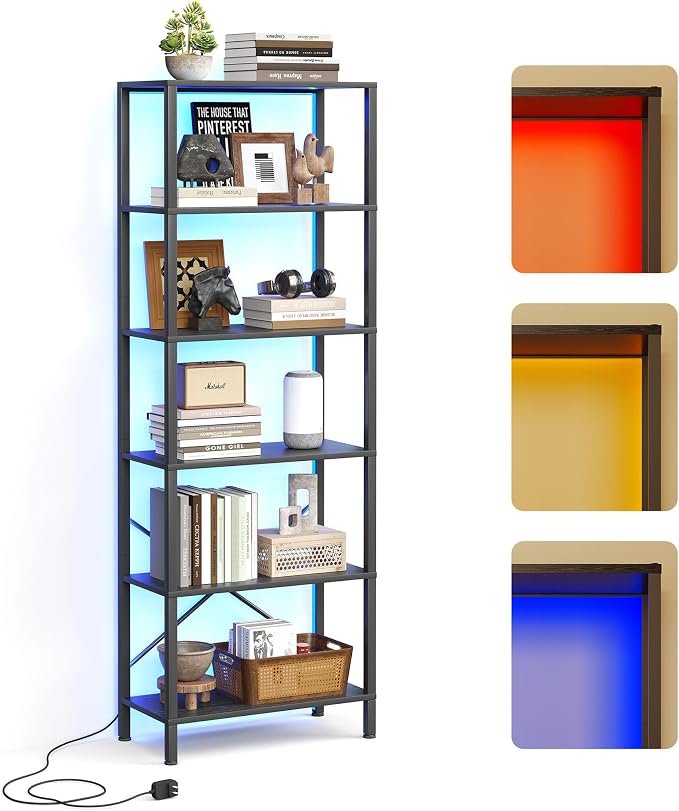 JARHETUN 6-Tier Bookshelf, Tall Bookcase with LED Lights, Book Shelf with Steel Frame, 11.2" x 23.6" x 65.4", Display Storage Shelf for Living Room, Bedroom, Home Office, Study, Black