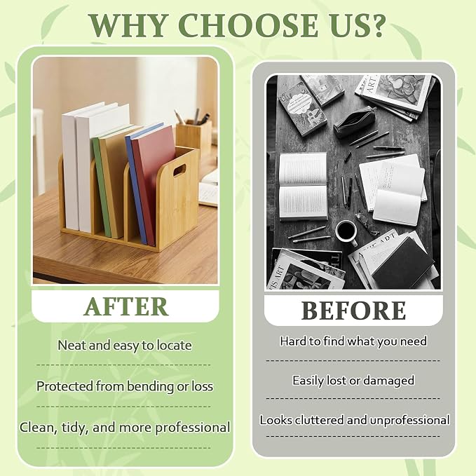 Novabright Bamboo Wooden File Magazine with Handle Holder Desk Organizer, 3 Vertical Compartments Workspace Sorters for Cookbook, Binders, Notebooks, Envelopes, Cook Book Organizer