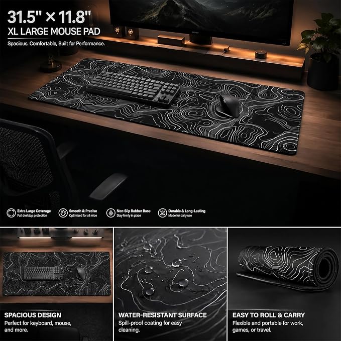 Topographic Gaming Mouse Pad 31.5x11.8 Inch, Black White Desk Mat Extended | Minimalist Contour Line Design with Waterproof Non-Slip Rubber Base, Stitched Edges Desk Pad for Gaming, Office Setup