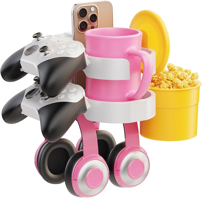 7-in-1 Cup Holder - EURPMASK Desk Organizer with Headphone, Controller Holder, Snack Bucket, and Phone Holder, Clamp-On Desk Accessory with Sturdy Large Storage, Easy to Install, White